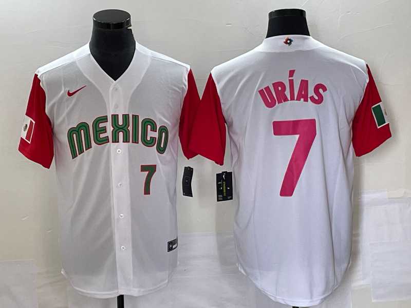 Men's Mexico Baseball #7 Julio Urias Number 2023 White Red World Classic Stitched Jersey24